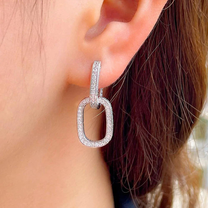 Double Rectangular Link Pave Drop Earrings In Two Metal Tones