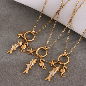 Gold Fish Seahorse Star Ocean Charm Necklace And Earrings