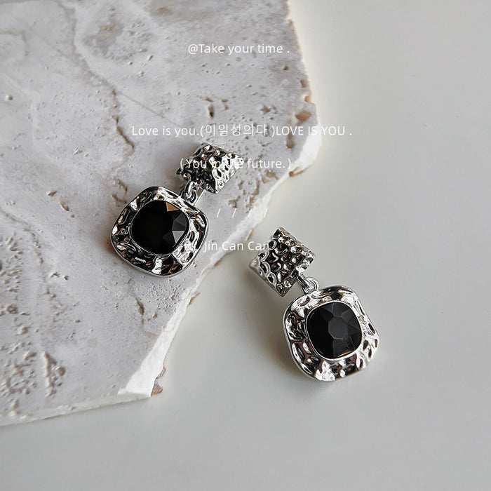 Silver Hammered Square Drop Earrings Clear Glass Stone