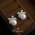 Silver Crystal Bow Pearl Drop Stud Earrings Metal Pair view 4