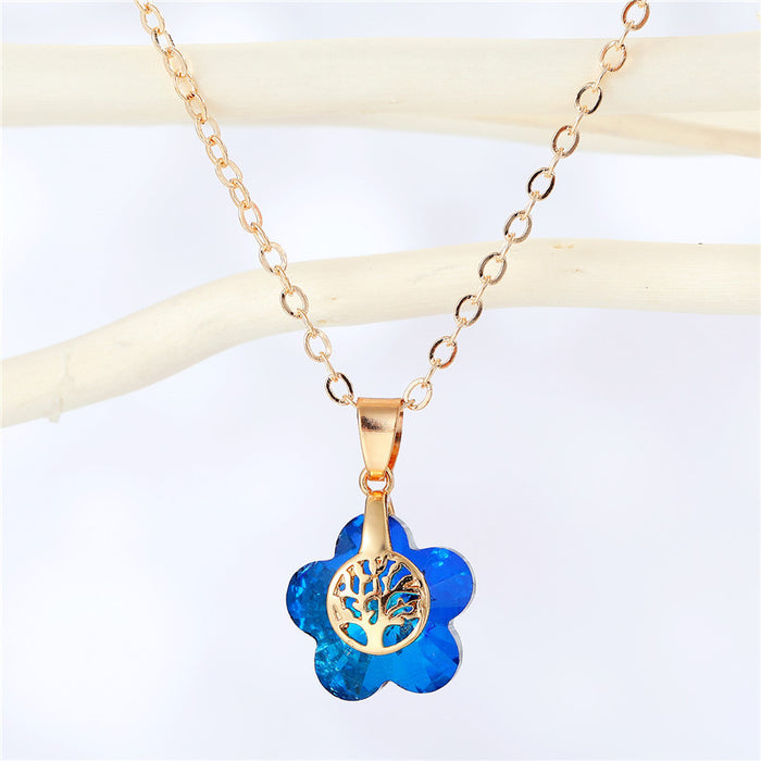 Gold Tone Flower Crystal Tree of Life Pendant Necklaces in Five Colors