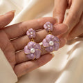 Pink Purple Double Flower Pearl Look Dangle Stud Earrings view 6