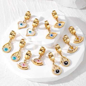 Gold Tone Evil Eye Huggie Drop Earrings in Five Designs