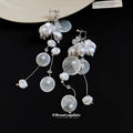 Translucent Petal and Pearl Cascade Long Clip Earrings view 2