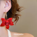 Red Resin Flower Cluster Hook Earrings Statement Pair view 3