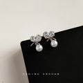 Silver-Tone Pavé CZ Bow Pearl Drop Stud Earrings Pair view 3