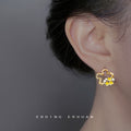 Gold Cloud Outline Stud Earrings Yellow Enamel Flowers CZ view 2
