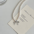 White Pearl Bead Necklace Silver Bow Pendant Charm view 4