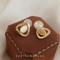 Gold Triangle Frame Cats Eye Glass CZ Stud Clip Earrings view 6