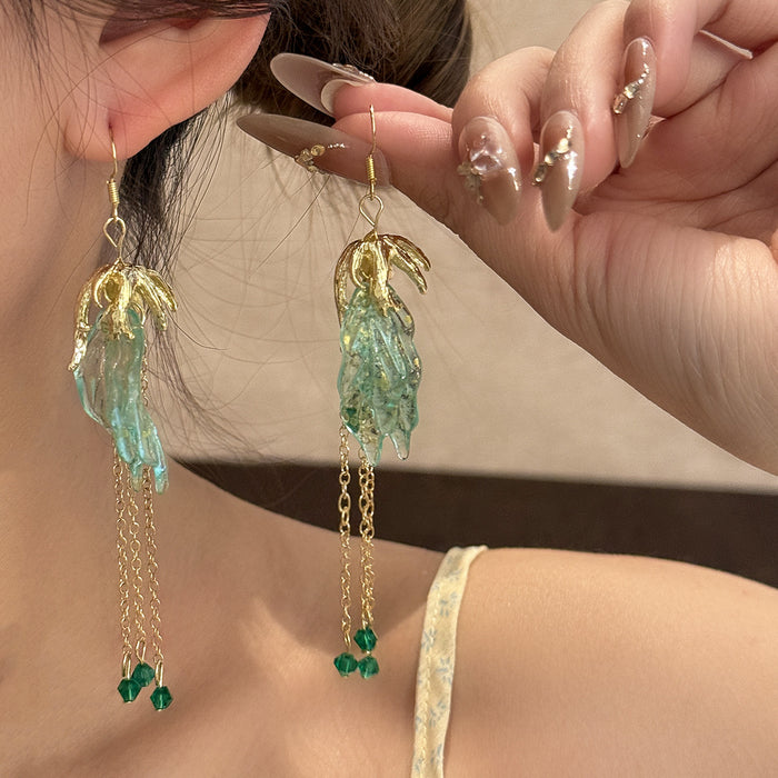 Green Translucent Leaf and Gold Chain Tassel Hook Earrings