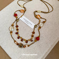 Layered Amber Red Bead Long Necklace 2 Gold Styles view 2