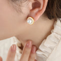Pearl Center White Enamel Disc Stud Earrings Gold Rim view 6