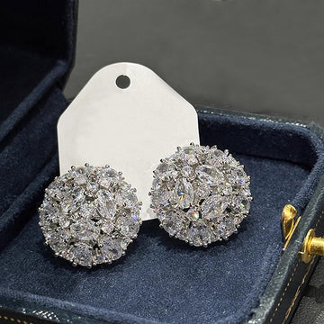 Oversized Round Floral Cluster Stud Earrings In Silver Tone