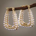 Pearl Border Square Hoop Earrings in Gold Tone Polished Metal Earrings view 1