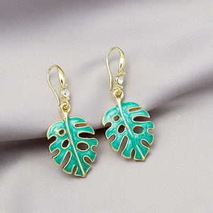 Green Enamel Monstera Leaf Drop Earrings, Gold-Tone Alloy Hooks