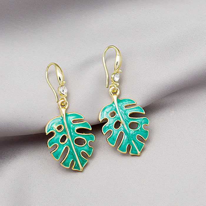 Green Monstera Leaf Gold Tone Botanical Long Hook Earrings