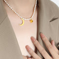 White Pearl Necklace Gold Crescent Moon Cube Charm Pendant view 6