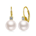Round Pearl Leverback Drop Earrings Clear Stone Metal Accent view 1