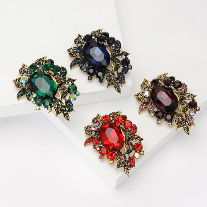 Antique Leaf Cluster Brooch With Large Oval Crystal in Four Colors