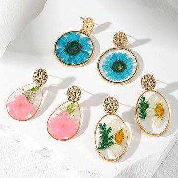 Gold Tone Pressed Flower Resin Geometric Drop Stud Earrings