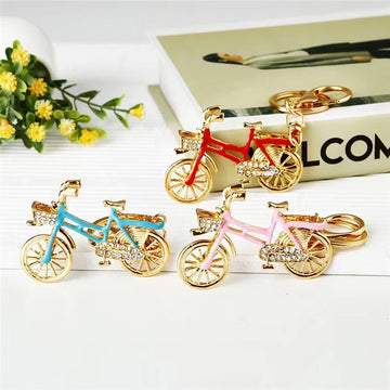 Enamel Bicycle Metal Keychain Gold Rhinestone Basket