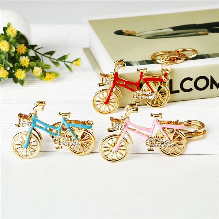Enamel Bicycle Metal Keychain Gold Rhinestone Basket