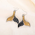 Mermaid Tail Drop Earrings Gold Pattern Black Enamel Silver Tone view 3