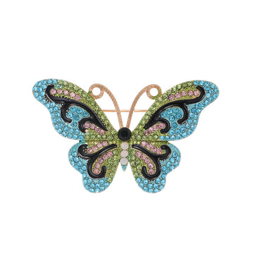 Aqua Gold Tone Butterfly Crystal Metal Brooch Pin for Jackets and Lapels