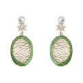 Green Enamel Gold Wave Oval Drop Earrings Pearl CZ Top view 5