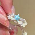 Blue Enamel Starfish Pearl Open Rings Silver Ocean Two Styles view 7