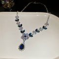 Deep Blue Flower And Teardrop Crystal Earrings And Necklace In Silver Tone view 7
