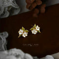 Gold Tone Green Leaf White Gardenia And Pearl Stud Earrings view 4