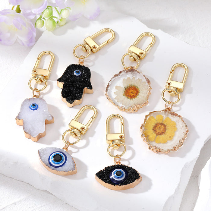 Gold Tone Druzy Style Hamsa Evil Eye and Pressed Flower Clip Keychains