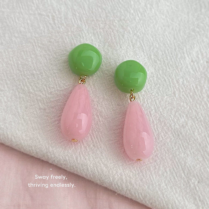 Green Round Stud Pink Faceted Teardrop Drop Earrings