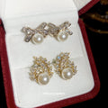 Crystal Bow Stud Earrings With Pearl Drops In Two Styles view 3