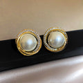 Gold Tone Round Faux Pearl Clear Crystal Stud Earrings view 6