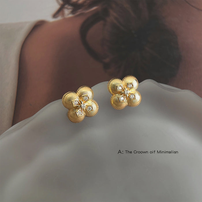 Gold Ribbed Four Leaf Clover Crystal Stud Earrings
