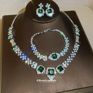 Square Cut Crystal Necklace Bracelet Stud Set Pieces