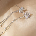 Silver Crystal Flower Stud Earrings Dual Chain Tassel Drops view 3