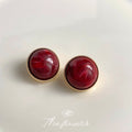 Deep Red Marbled Resin Round Stud Earrings Gold Bezel view 4