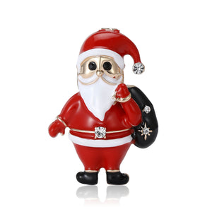 Red Enamel Santa Claus Brooch Crystal Accents Black Sack