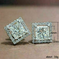 Silver Tone Square Halo Stud Earrings With Polished Clear Stone Detail view 2