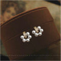 Gold Tone Clear Stone Bar And White Pearl Cluster Stud Earrings view 1