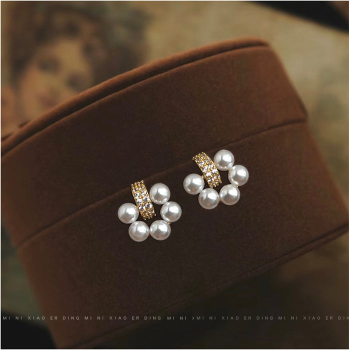 Gold Tone Clear Stone Bar And White Pearl Cluster Stud Earrings