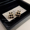 Gold Black Checker Pearl Trapezoid Stud Earrings Pair view 3
