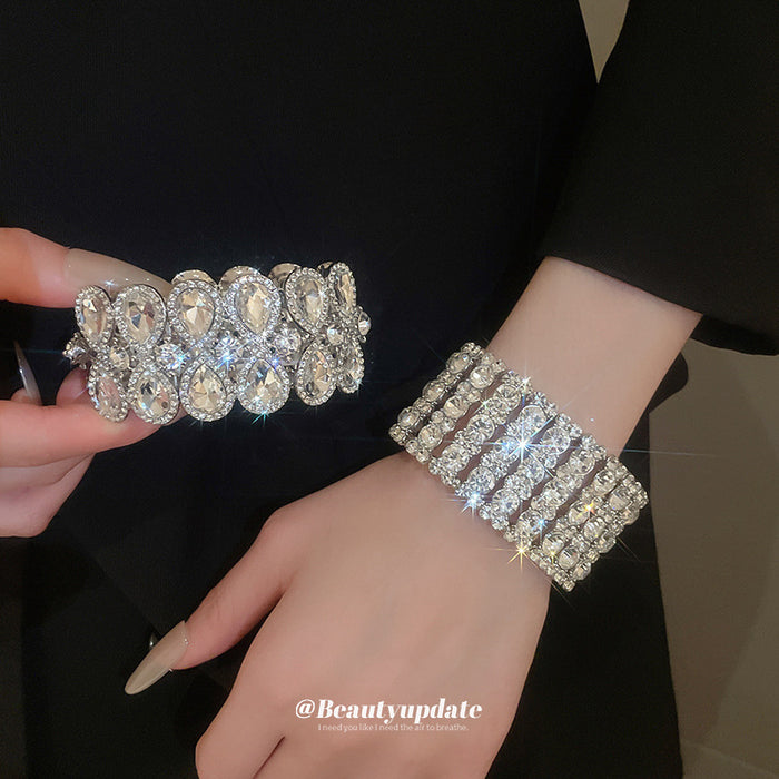 Clear Rectangle Grid And Teardrop Loop Wide Bracelets In Silver Tone