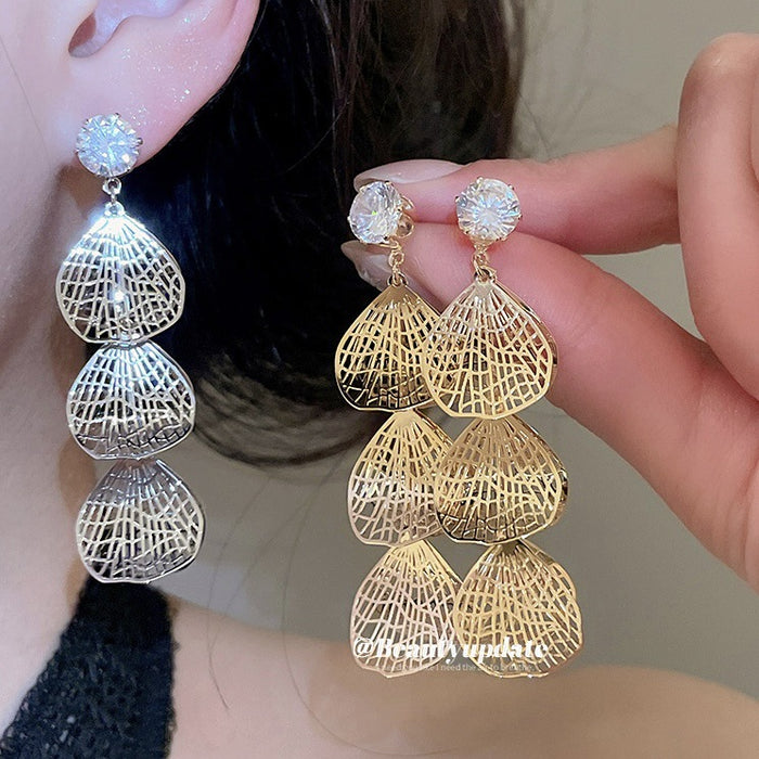 Filigree Fan Leaf Drop Stud Earrings in Gold and Silver Tones