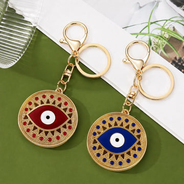 Evil Eye Enamel Keychain Gold Metal Rhinestone Disc Charm