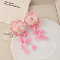 Pink Lace Flower Extra Long Thread Tassel Stud Earrings view 3