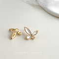 Gold Butterfly Stud Earrings White Shell Wings Clear Stones view 4